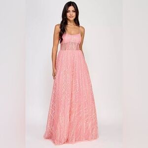 Elegant Pink Spaghetti-Strap Prom Gown with Sheer Waist Detail